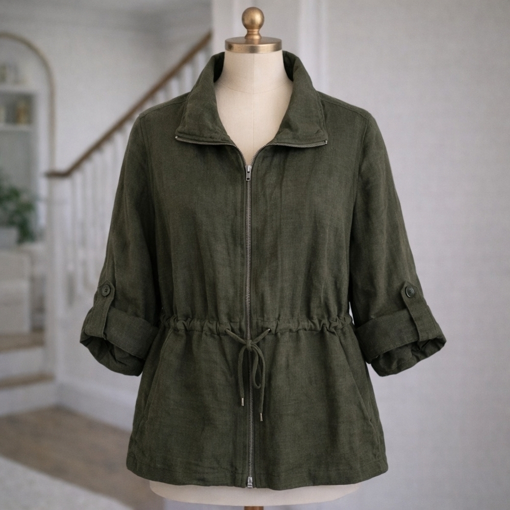 Christopher + Banks Linen Blend Olive Green Zip Tie Jacket Large